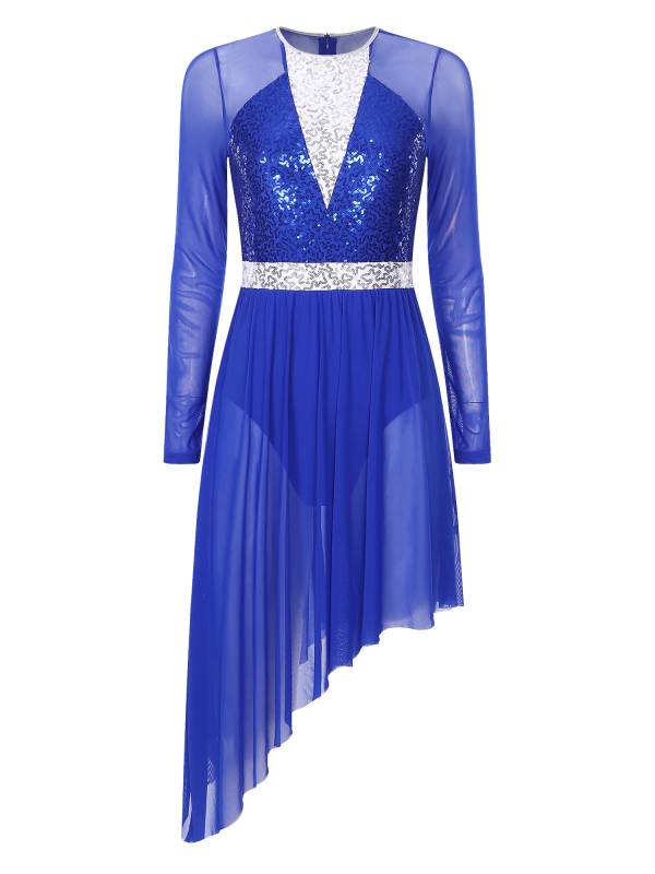Women Sparkly Sequins Long Sleeve Lyrical Dance Dress thumb