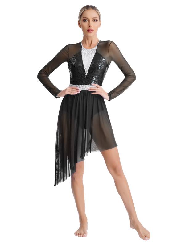 Women Sparkly Sequins Long Sleeve Lyrical Dance Dress thumb