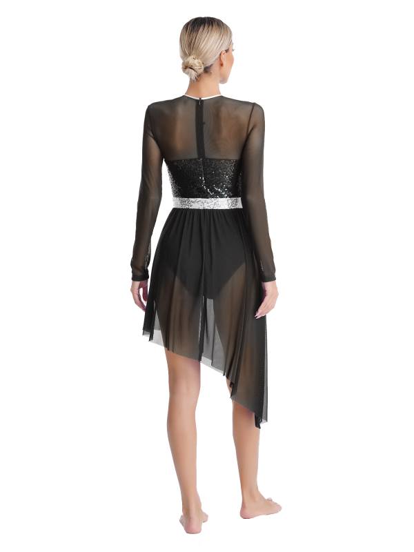 Women Sparkly Sequins Long Sleeve Lyrical Dance Dress thumb