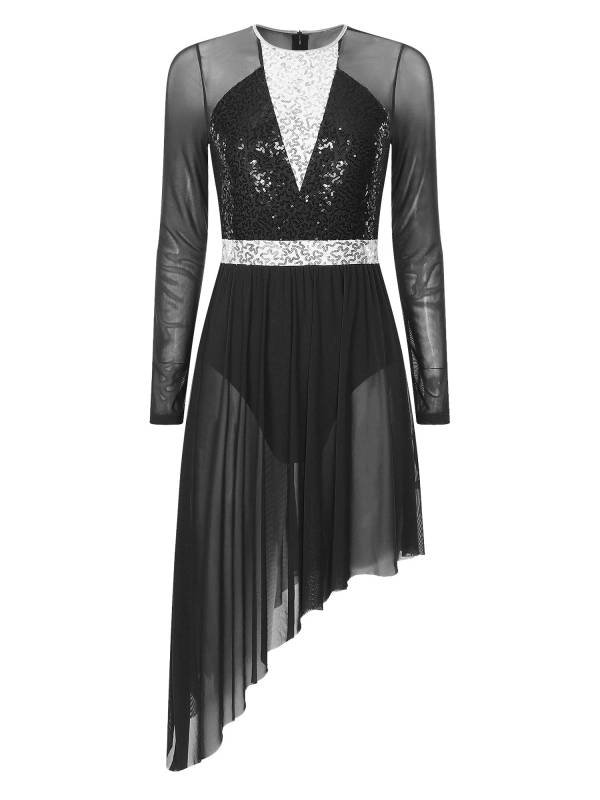 Women Sparkly Sequins Long Sleeve Lyrical Dance Dress thumb