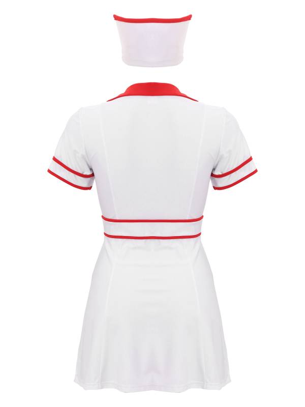 Women 2pcs Short Sleeve Front Zipper Nurse Costume Mini Dress with Headwear thumb