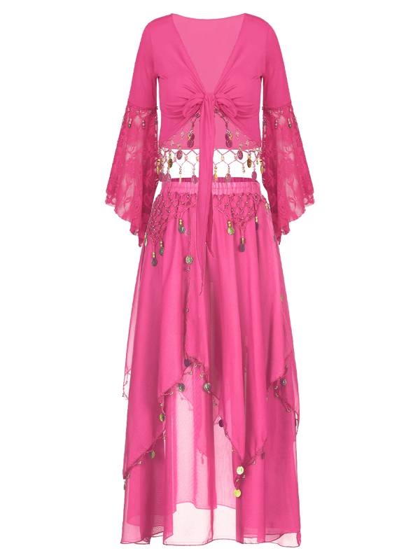 Women 2pcs Tassel Belly Dance Top with Skirts Set thumb