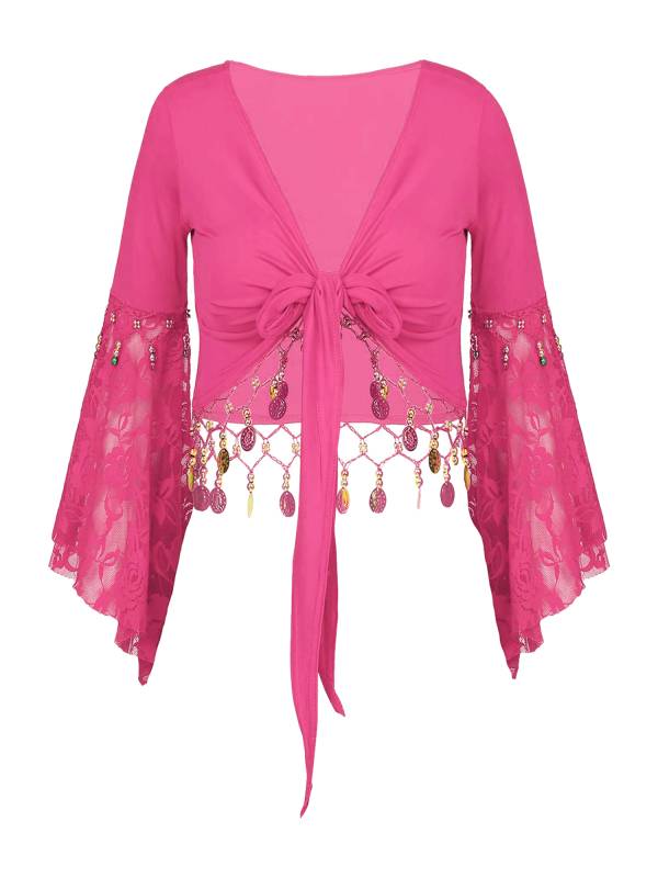 Women 2pcs Tassel Belly Dance Top with Skirts Set thumb