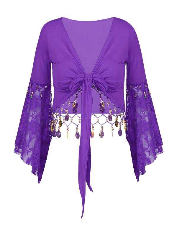 Women 2pcs Tassel Belly Dance Top with Skirts Set thumb