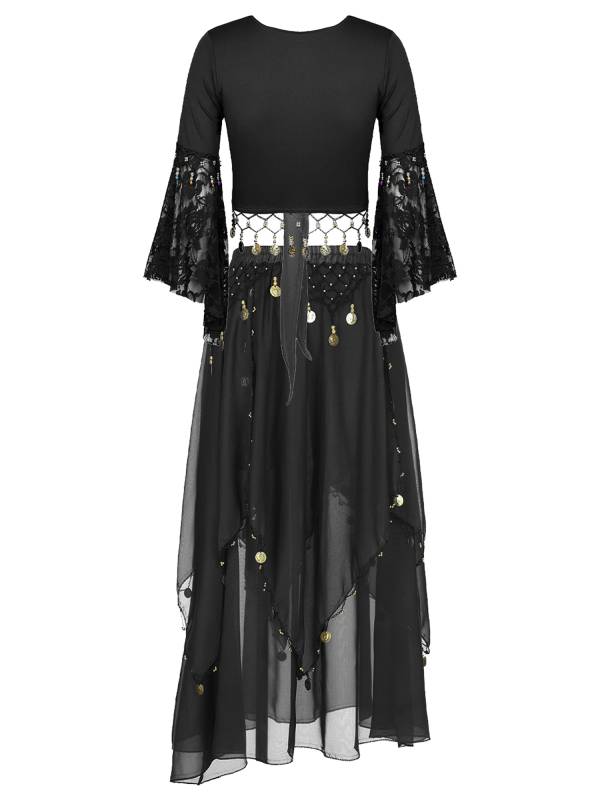 Women 2pcs Tassel Belly Dance Top with Skirts Set thumb