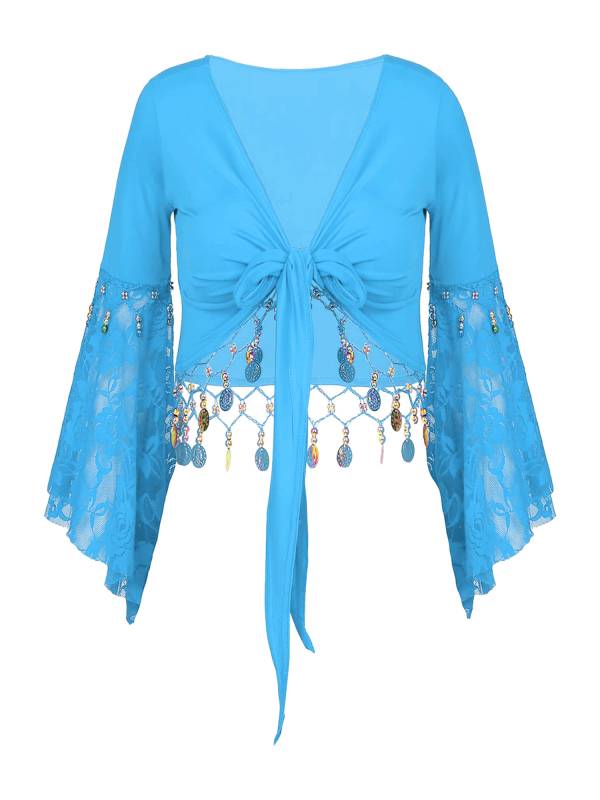 Women 2pcs Tassel Belly Dance Top with Skirts Set thumb