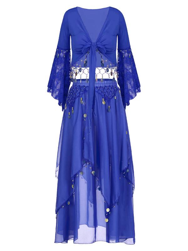Women 2pcs Tassel Belly Dance Top with Skirts Set thumb