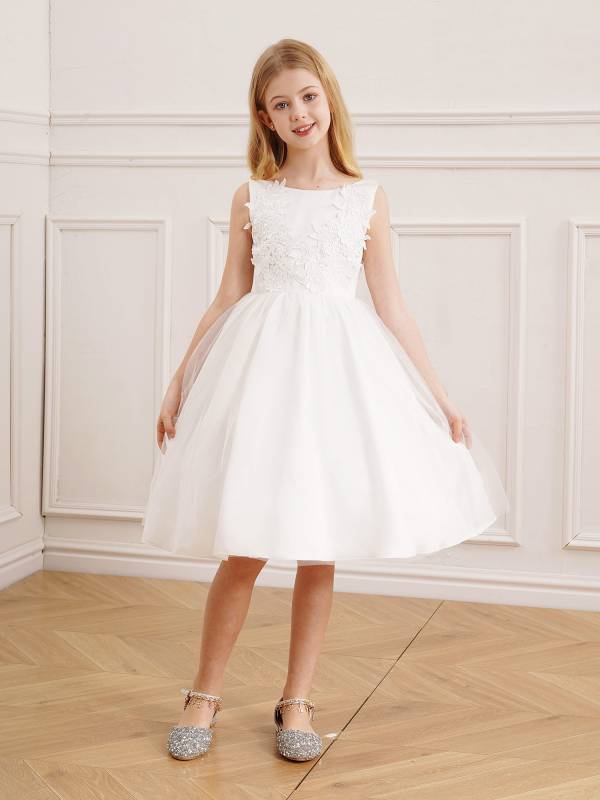 Kids Girls Embroidery Ball Gown Sleeveless Backless Flower Girl Dress thumb
