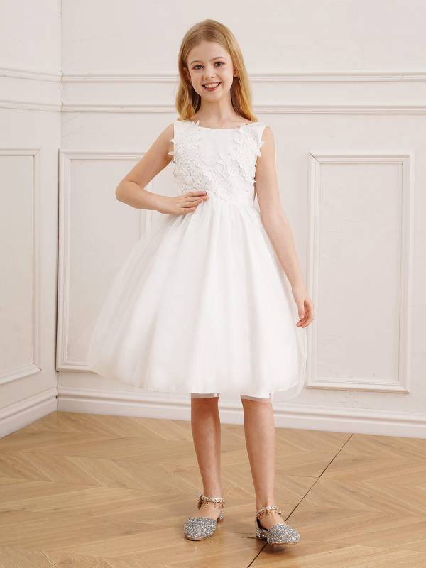 Kids Girls Embroidery Ball Gown Sleeveless Backless Flower Girl Dress thumb