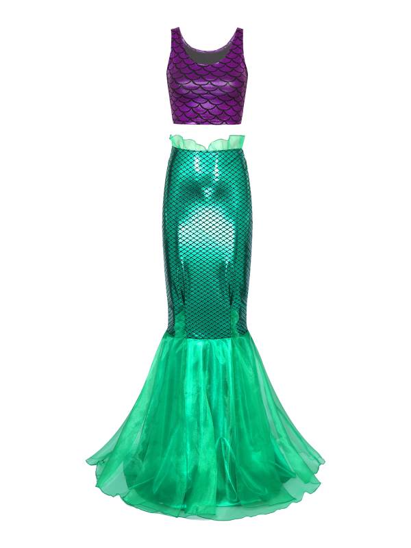 Women 2pcs Metallic Scoop Neck Tank Tops with Tulle Fishtail Skirt Mermaid Set thumb