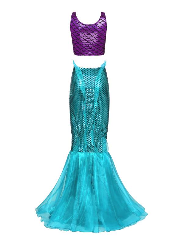 Women 2pcs Metallic Scoop Neck Tank Tops with Tulle Fishtail Skirt Mermaid Set thumb