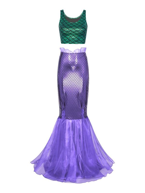 Women 2pcs Metallic Scoop Neck Tank Tops with Tulle Fishtail Skirt Mermaid Set thumb