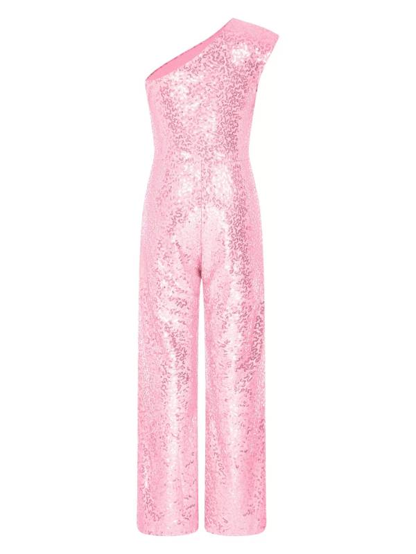 Kids Girls Sequin One Shoulder Bodysuit Sleeveless Jumpsuit thumb