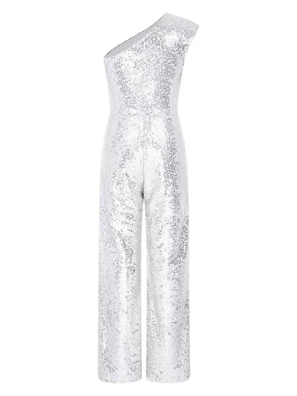Kids Girls Sequin One Shoulder Bodysuit Sleeveless Jumpsuit thumb