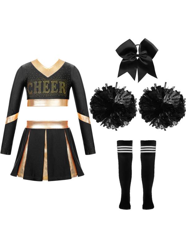 Kids Girls Long Sleeve Crop Top with Pleated Skirt Cheerleading Sets thumb