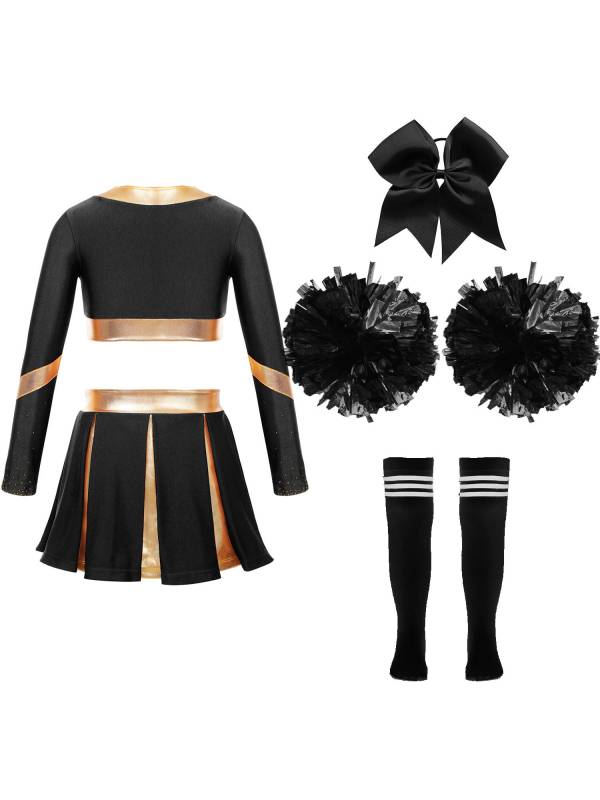 Kids Girls Long Sleeve Crop Top with Pleated Skirt Cheerleading Sets thumb