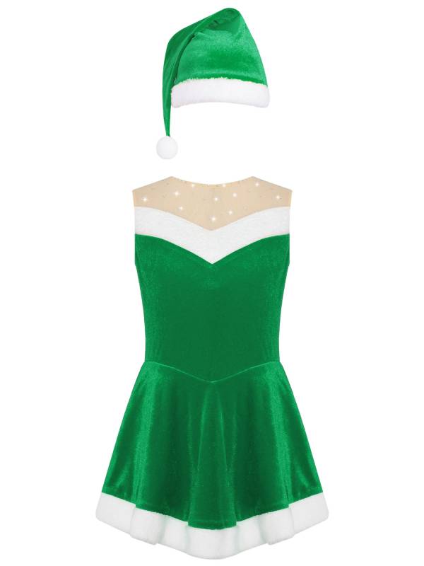 Kids Girls Christmas Sleeeveless Velvet Leotard Dress with Hat thumb