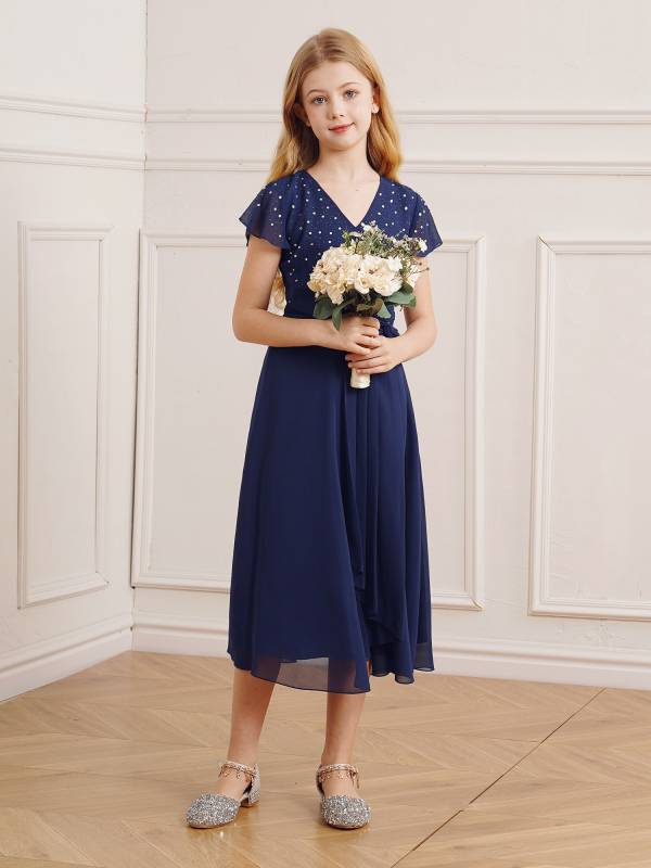 Kid Girl Sparkly Rhinestone Cap Sleeve Chiffon Junior Bridesmaid Dress thumb