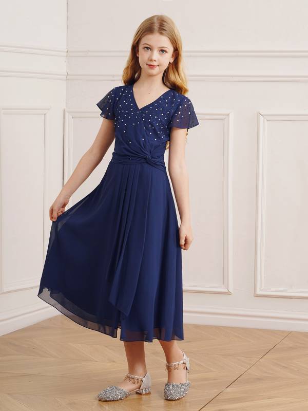 Kid Girl Sparkly Rhinestone Cap Sleeve Chiffon Junior Bridesmaid Dress thumb