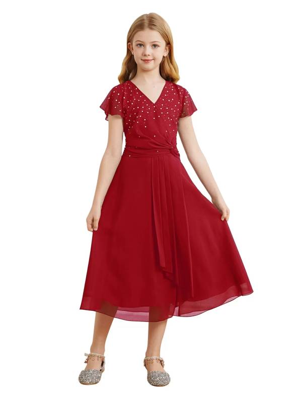 Kid Girl Sparkly Rhinestone Cap Sleeve Chiffon Junior Bridesmaid Dress thumb