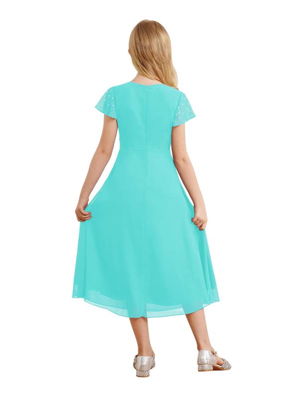 Kid Girl Sparkly Rhinestone Cap Sleeve Chiffon Junior Bridesmaid Dress thumb