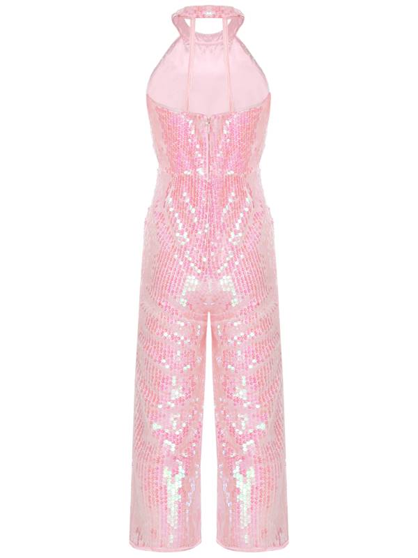 Kids Girls Sequin Halter Neck Strapy Back Sleeveless Jumpsuit thumb