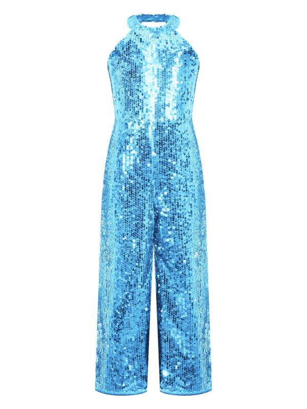 Kids Girls Sequin Halter Neck Strapy Back Sleeveless Jumpsuit thumb