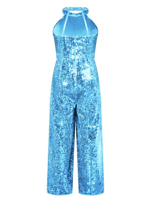 Kids Girls Sequin Halter Neck Strapy Back Sleeveless Jumpsuit thumb