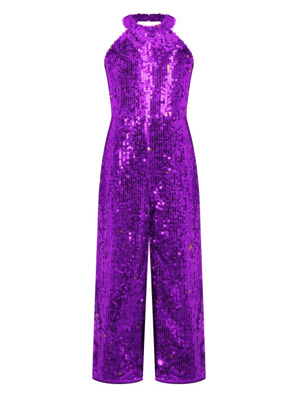 Kids Girls Sequin Halter Neck Strapy Back Sleeveless Jumpsuit thumb