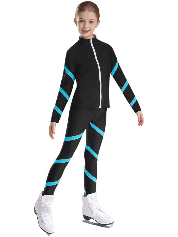 Kids Girls 2pcs Stripe Long Sleeve Zipper Sweatshirt and Leggings Sports Set thumb