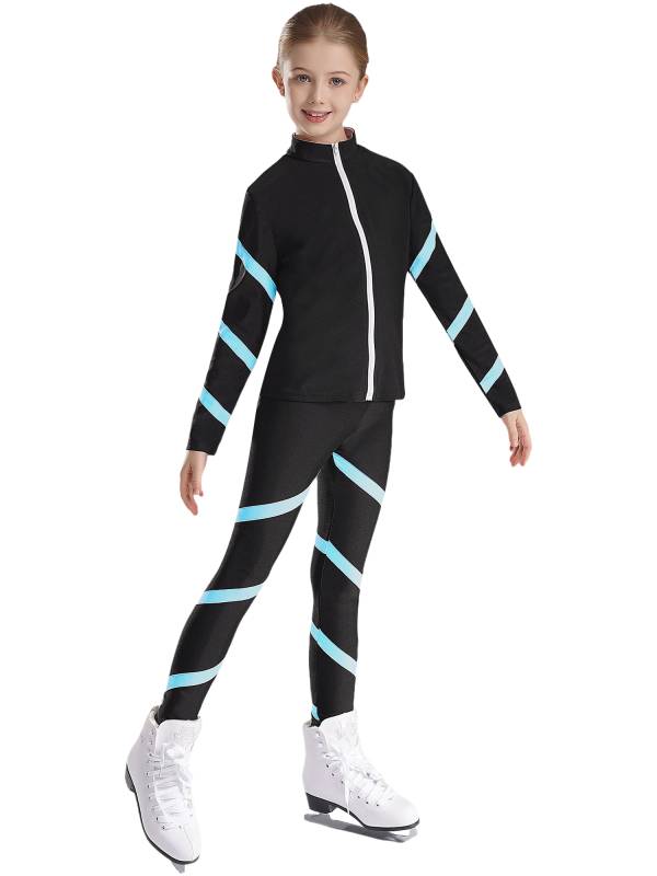 Kids Girls 2pcs Stripe Long Sleeve Zipper Sweatshirt and Leggings Sports Set thumb