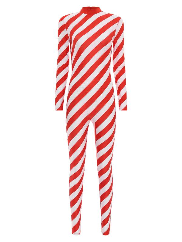 Women Christmas Long Sleeve Stripe Candy Cane Costume Jumpsuit thumb
