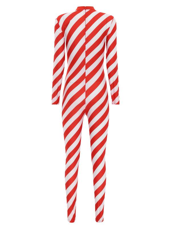 Women Christmas Long Sleeve Stripe Candy Cane Costume Jumpsuit thumb
