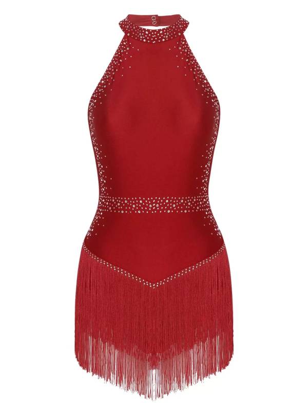 Women Shiny Rhinestones Sleeveless Tassel Latin Dance Leotard thumb