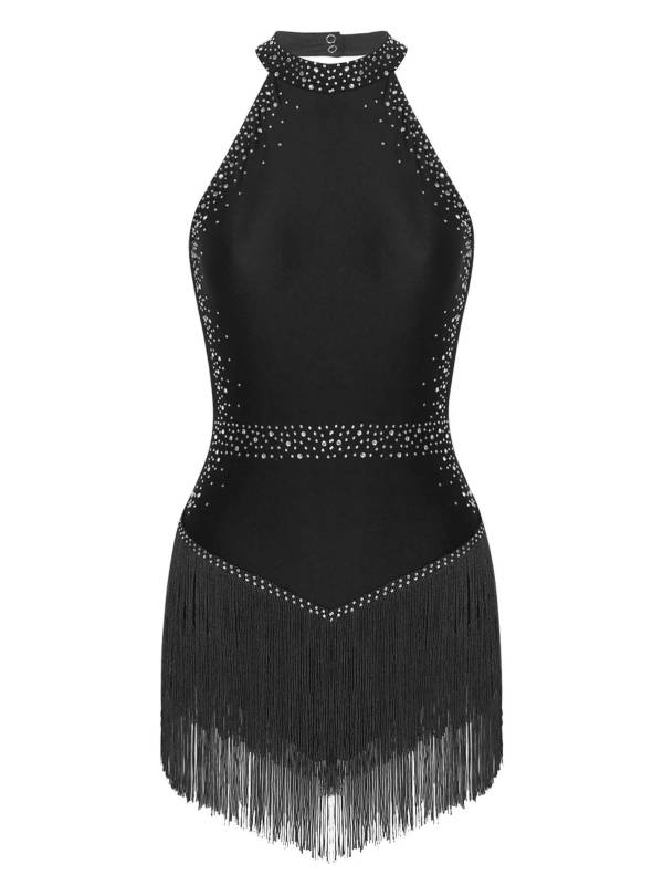 Women Shiny Rhinestones Sleeveless Tassel Latin Dance Leotard thumb