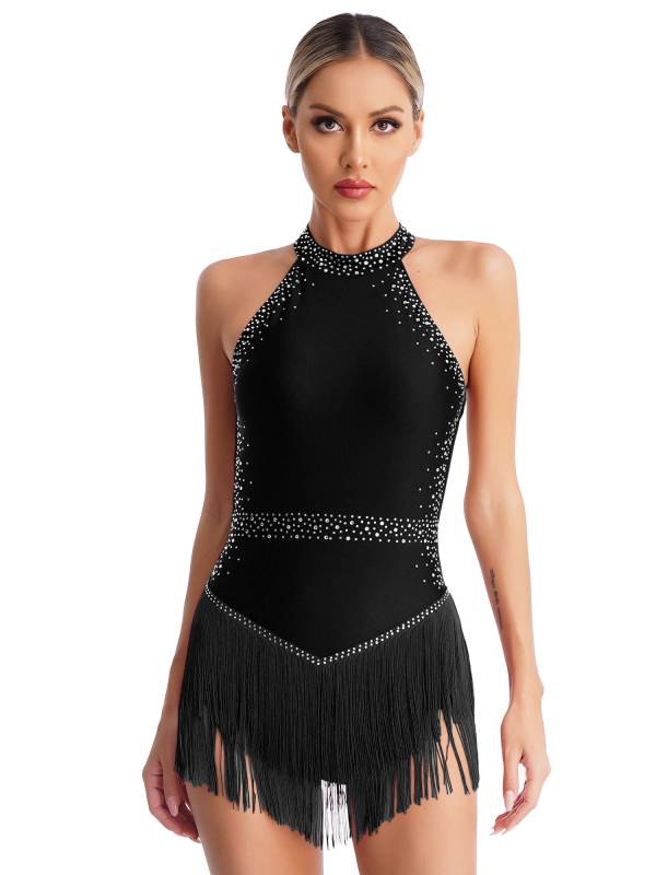 Women Shiny Rhinestones Sleeveless Tassel Latin Dance Leotard thumb