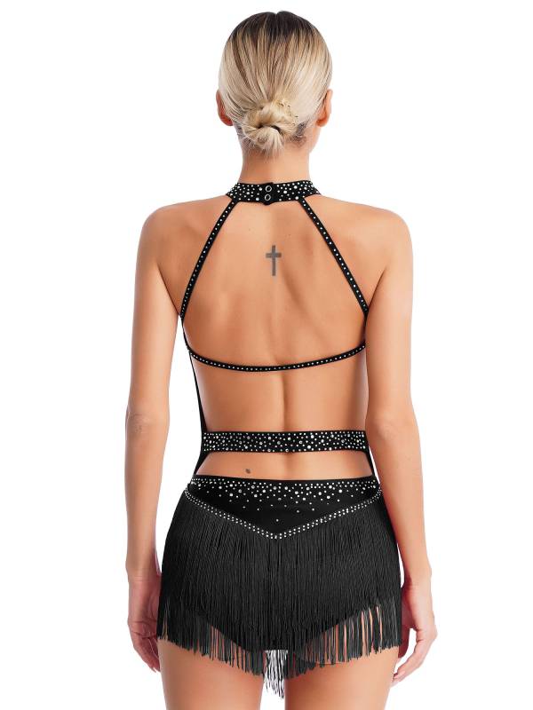 Women Shiny Rhinestones Sleeveless Tassel Latin Dance Leotard thumb