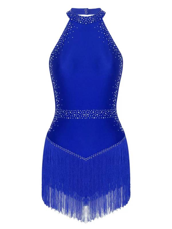 Women Shiny Rhinestones Sleeveless Tassel Latin Dance Leotard thumb