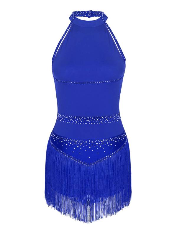 Women Shiny Rhinestones Sleeveless Tassel Latin Dance Leotard thumb