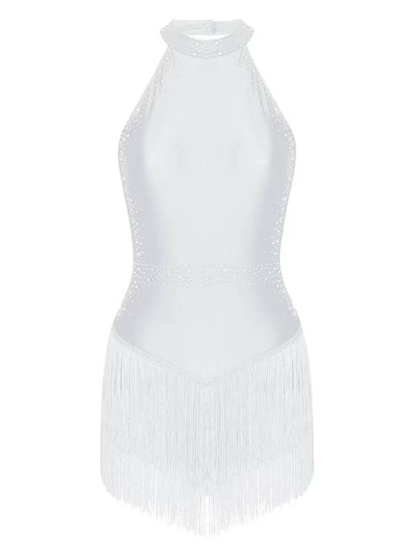 Women Shiny Rhinestones Sleeveless Tassel Latin Dance Leotard thumb