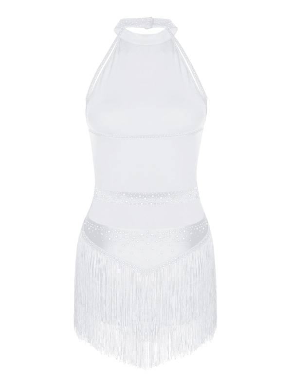 Women Shiny Rhinestones Sleeveless Tassel Latin Dance Leotard thumb