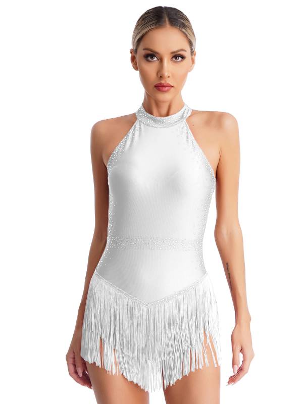 Women Shiny Rhinestones Sleeveless Tassel Latin Dance Leotard thumb