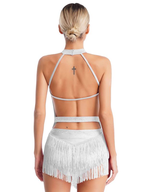Women Shiny Rhinestones Sleeveless Tassel Latin Dance Leotard thumb