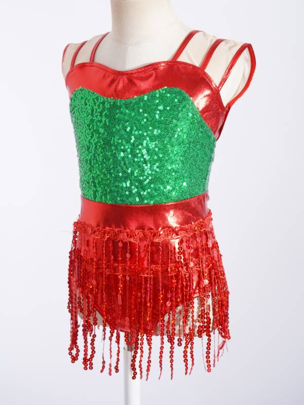 Kids Girls Christmas Sleeveless Sequins Tassels Bodysuit thumb