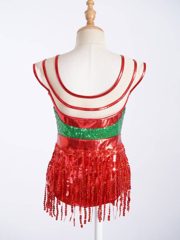 Kids Girls Christmas Sleeveless Sequins Tassels Bodysuit thumb