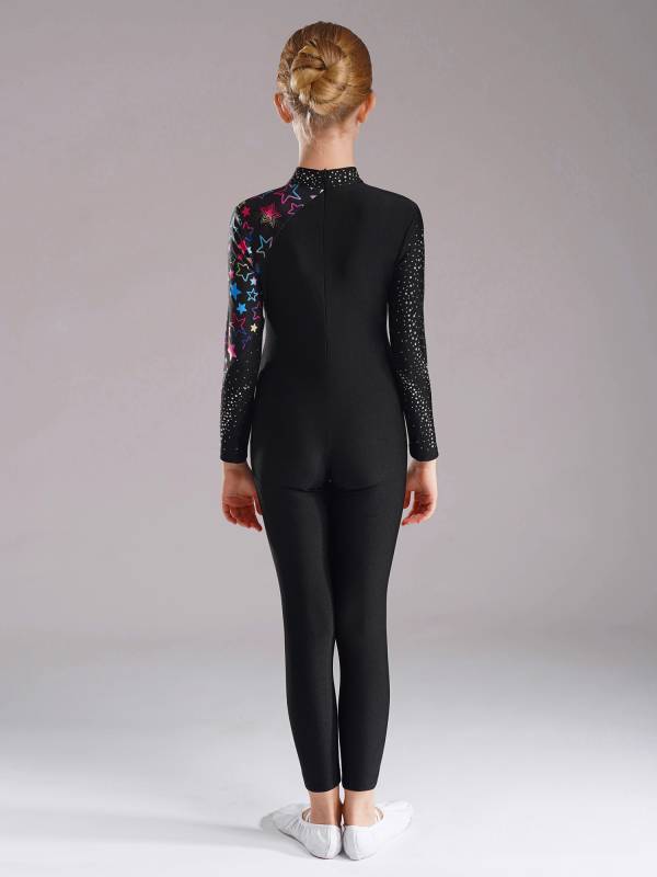 Kids Girls Long Sleeve Rhinestones Stars Print Unitard for Gymnastics thumb