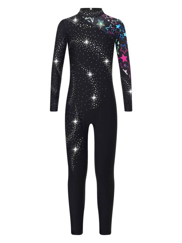 Kids Girls Long Sleeve Rhinestones Stars Print Unitard for Gymnastics thumb