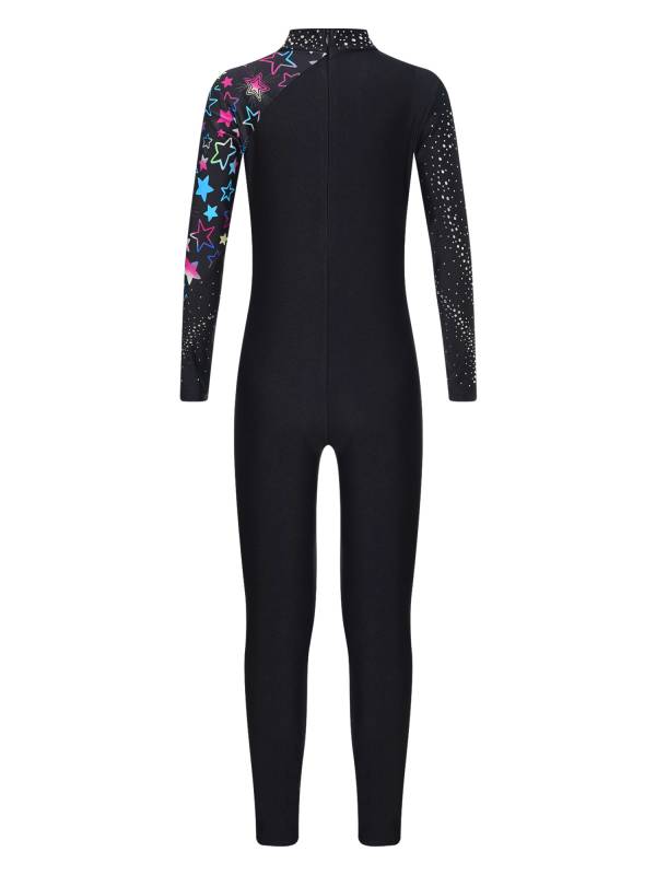 Kids Girls Long Sleeve Rhinestones Stars Print Unitard for Gymnastics thumb
