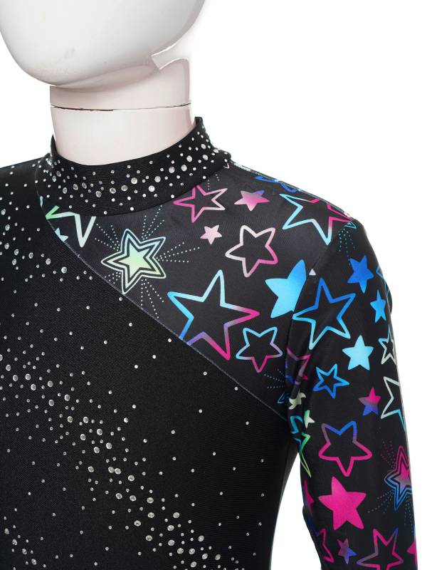Kids Girls Long Sleeve Rhinestones Stars Print Unitard for Gymnastics thumb