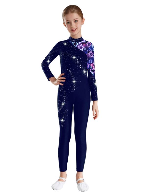 Kids Girls Long Sleeve Rhinestones Stars Print Unitard for Gymnastics thumb